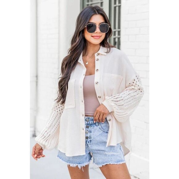 PINK LILY KEEP SHINING CREAM CROCHET SLEEVE GAUZE SZ LARGE SHACKET - Picture 1 of 7